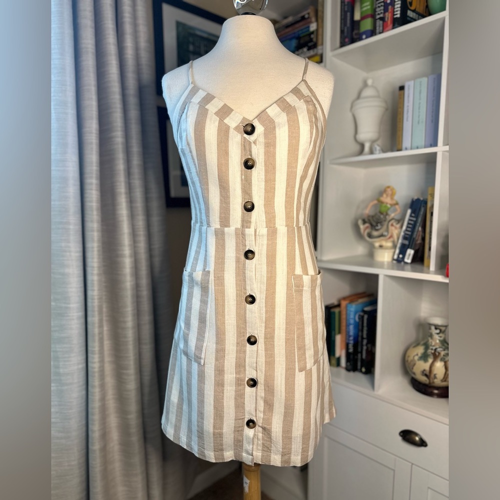 Pink Lily Beige Striped Button-Down Mini Dress